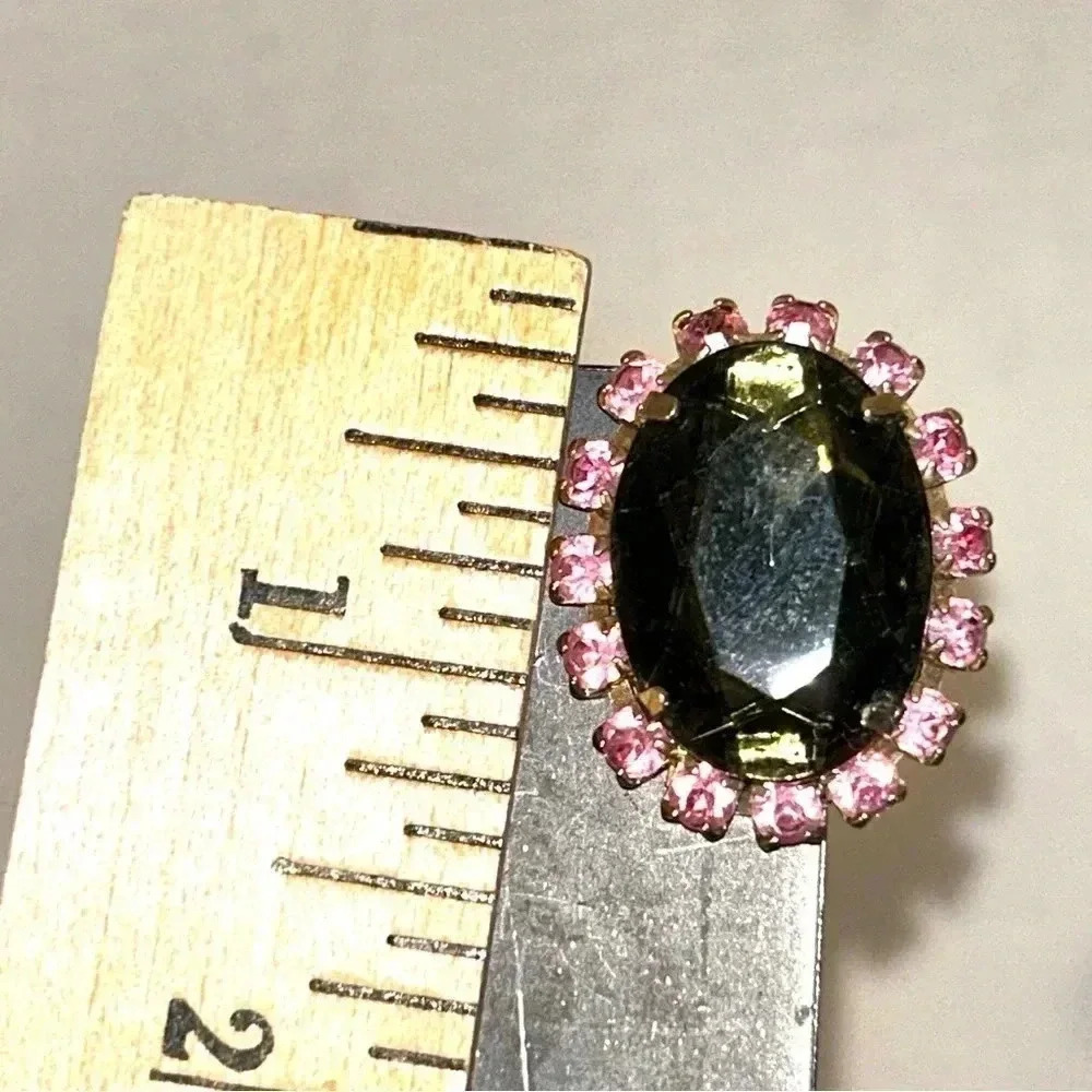 Vtg Smoky Quartz Pink Crystal Rhinestone Earrings Glass Goldtone Oval Clip On - Picture 8 of 10